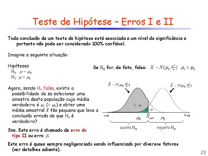 Teste de Hipótese – Erros I e II Toda conclusão de um teste de