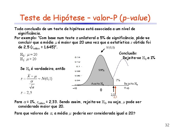 Teste de Hipótese – valor-P (p-value) Toda conclusão de um teste de hipótese está