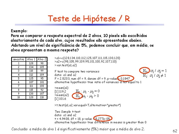 Teste de Hipótese / R Exemplo: Para se comparar a resposta espectral de 2