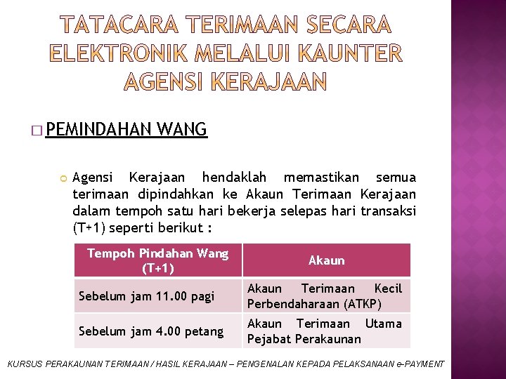 � PEMINDAHAN WANG Agensi Kerajaan hendaklah memastikan semua terimaan dipindahkan ke Akaun Terimaan Kerajaan