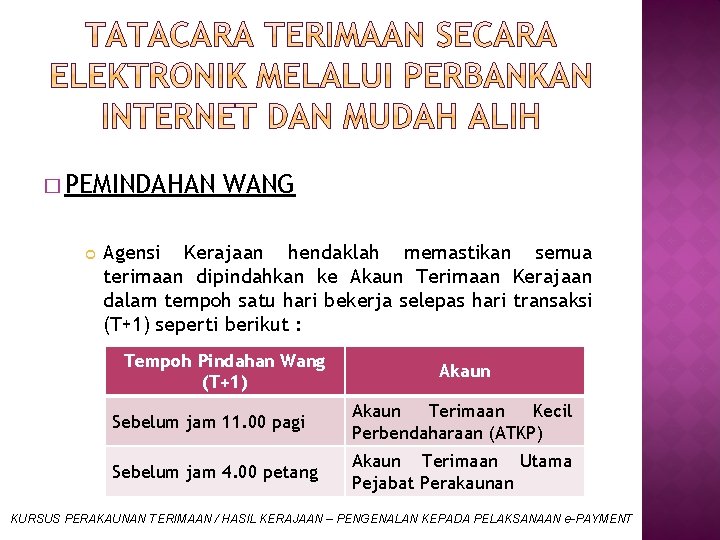 � PEMINDAHAN WANG Agensi Kerajaan hendaklah memastikan semua terimaan dipindahkan ke Akaun Terimaan Kerajaan