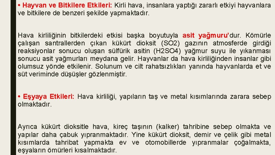  • Hayvan ve Bitkilere Etkileri: Kirli hava, insanlara yaptığı zararlı etkiyi hayvanlara ve