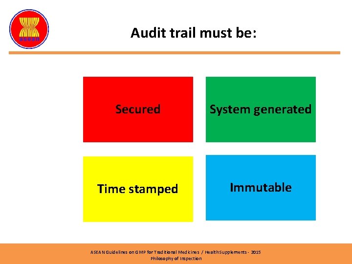 Audit trail must be: Secured System generated Time stamped Immutable ASEAN Guidelines on GMP
