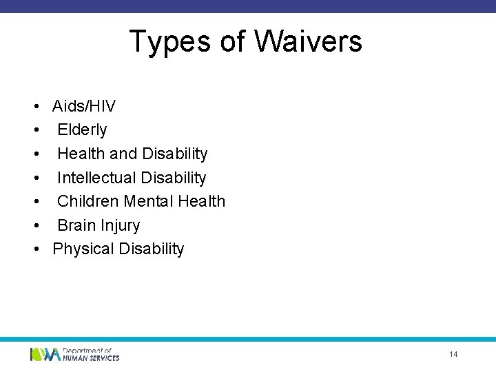 Types of Waivers • • Aids/HIV Elderly Health and Disability Intellectual Disability Children Mental