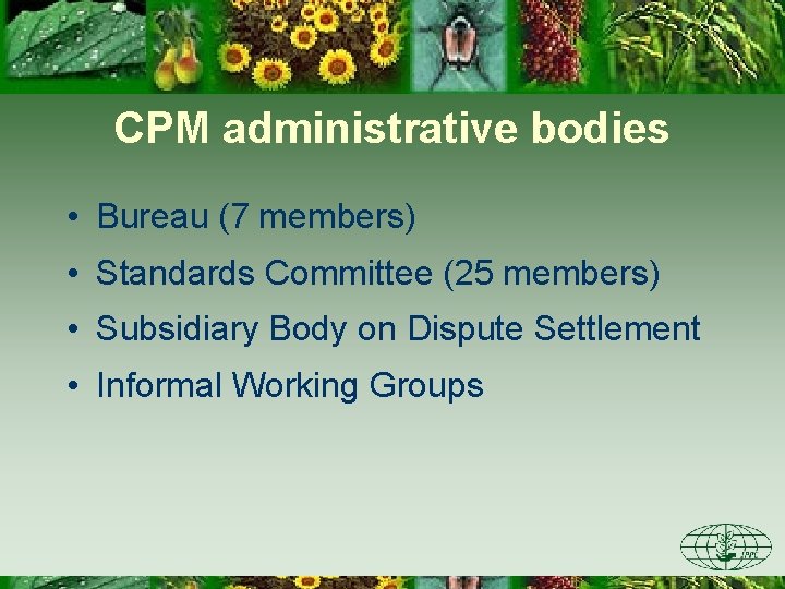 CPM administrative bodies • Bureau (7 members) • Standards Committee (25 members) • Subsidiary