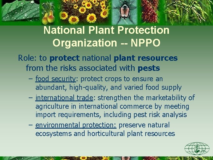 National Plant Protection Organization -- NPPO Role: to protect national plant resources from the