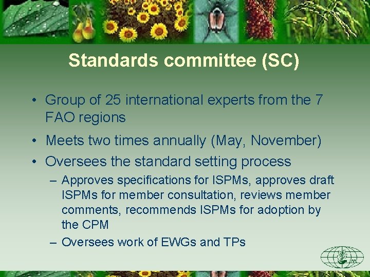 Standards committee (SC) • Group of 25 international experts from the 7 FAO regions