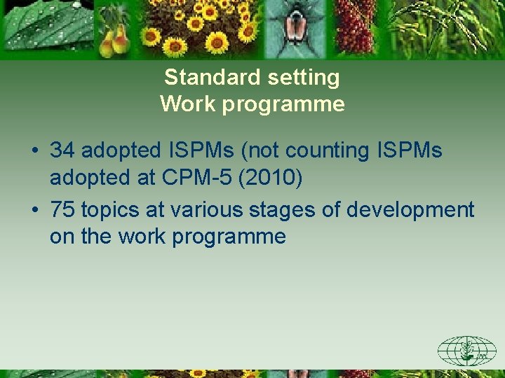 Standard setting Work programme • 34 adopted ISPMs (not counting ISPMs adopted at CPM-5
