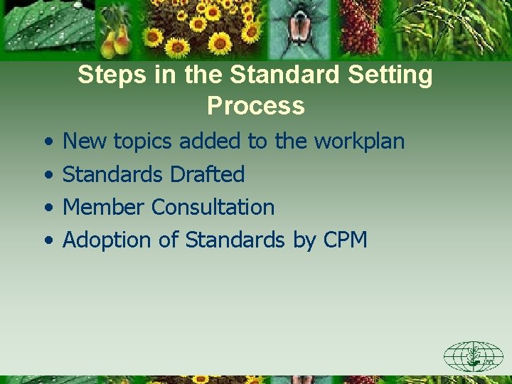 Steps in the Standard Setting Process • • New topics added to the workplan