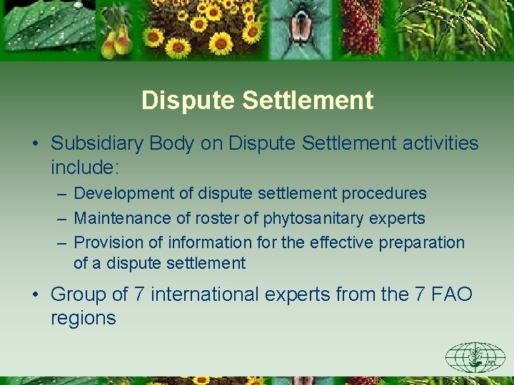 Dispute Settlement • Subsidiary Body on Dispute Settlement activities include: – Development of dispute