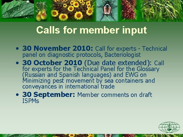 Calls for member input • 30 November 2010: Call for experts - Technical panel