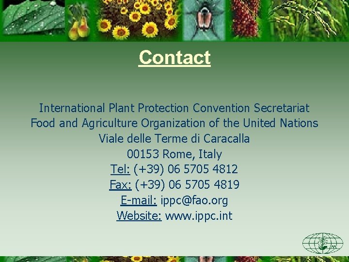 Contact International Plant Protection Convention Secretariat Food and Agriculture Organization of the United Nations