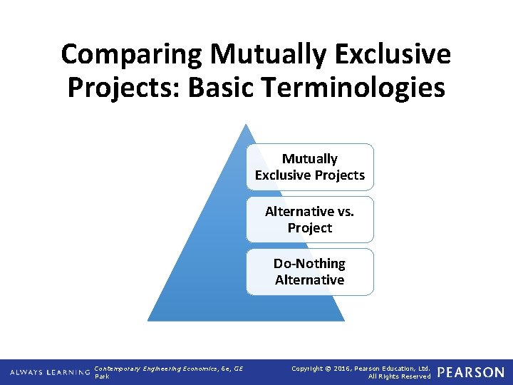 Comparing Mutually Exclusive Projects: Basic Terminologies Mutually Exclusive Projects Alternative vs. Project Do-Nothing Alternative