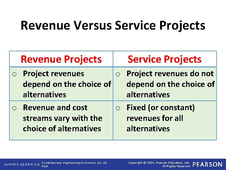 Revenue Versus Service Projects Revenue Projects Service Projects o Project revenues do not depend
