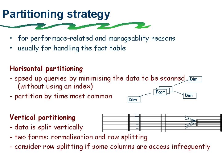 Partitioning strategy • for performace-related and manageablity reasons • usually for handling the fact