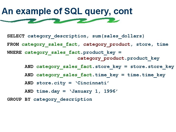 An example of SQL query, cont SELECT category_description, sum(sales_dollars) FROM category_sales_fact, category_product, store, time
