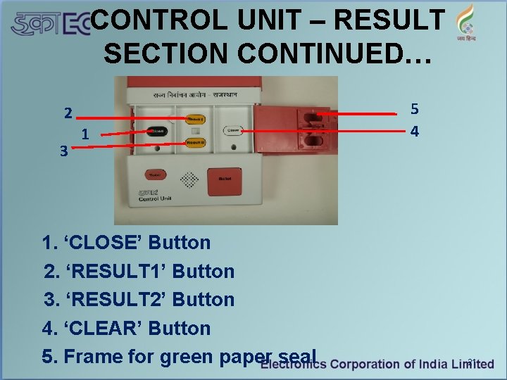 CONTROL UNIT – RESULT SECTION CONTINUED… 2 3 1 1. ‘CLOSE’ Button 2. ‘RESULT