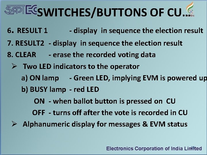 SWITCHES/BUTTONS OF CU… 6. RESULT 1 - display in sequence the election result 7.