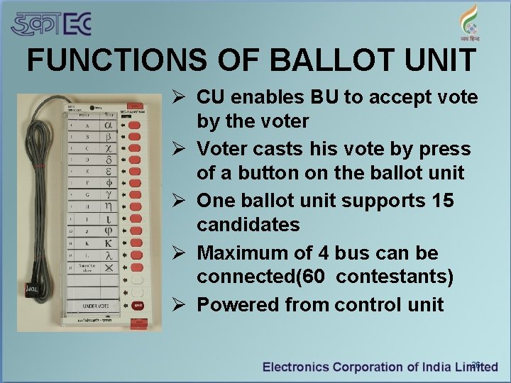 FUNCTIONS OF BALLOT UNIT Ø CU enables BU to accept vote by the voter