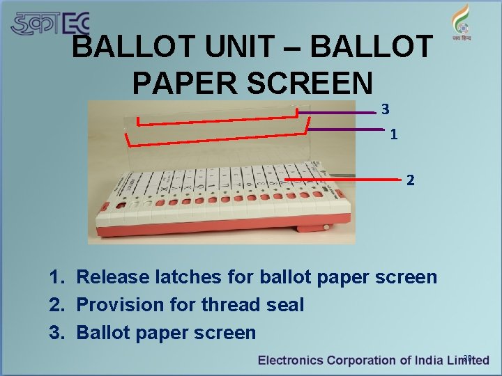BALLOT UNIT – BALLOT PAPER SCREEN 3 1 2 1. Release latches for ballot