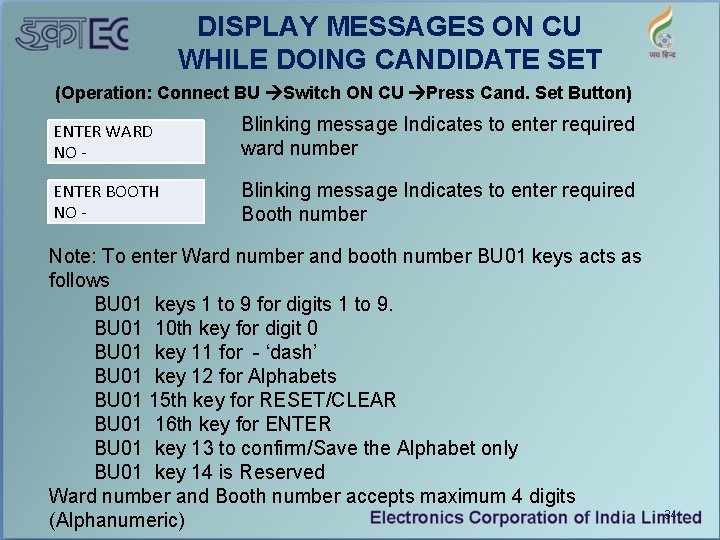 DISPLAY MESSAGES ON CU WHILE DOING CANDIDATE SET (Operation: Connect BU Switch ON CU