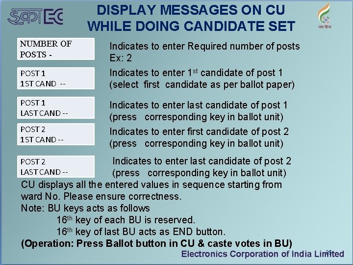 DISPLAY MESSAGES ON CU WHILE DOING CANDIDATE SET NUMBER OF POSTS - Indicates to