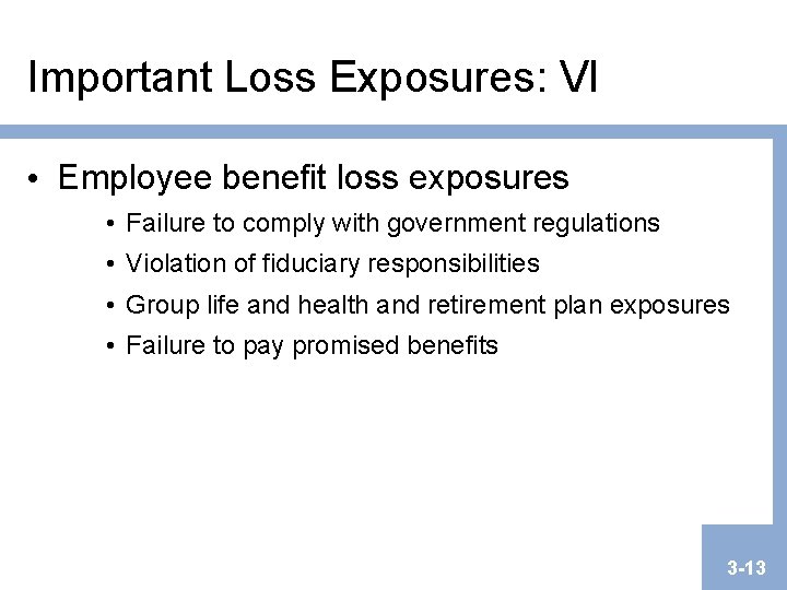 Important Loss Exposures: VI • Employee benefit loss exposures • Failure to comply with Important Loss Exposures: VI • Employee benefit loss exposures • Failure to comply with