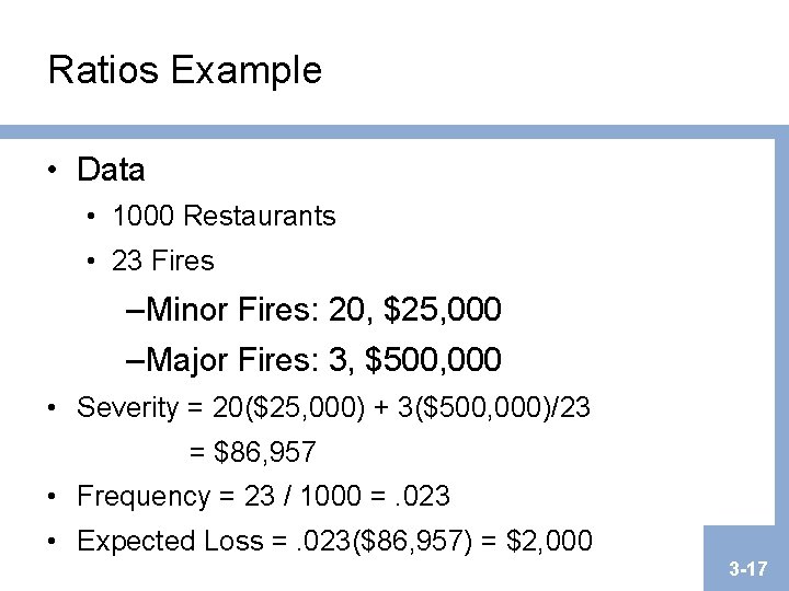Ratios Example • Data • 1000 Restaurants • 23 Fires – Minor Fires: 20, Ratios Example • Data • 1000 Restaurants • 23 Fires – Minor Fires: 20,