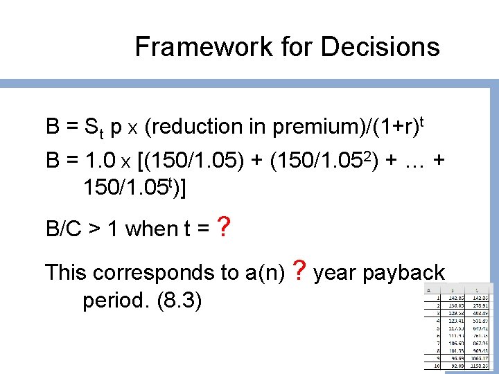 Framework for Decisions B = St p x (reduction in premium)/(1+r)t B = 1. Framework for Decisions B = St p x (reduction in premium)/(1+r)t B = 1.