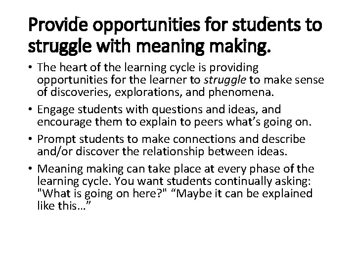 Provide opportunities for students to struggle with meaning making. • The heart of the