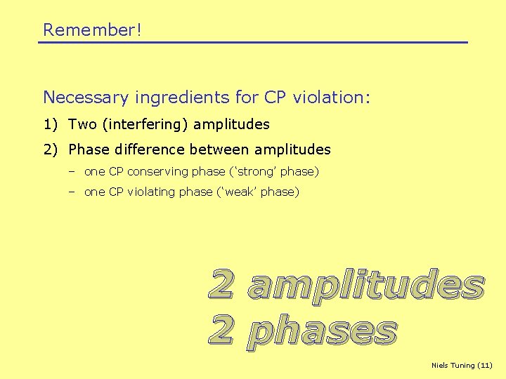 Remember! Necessary ingredients for CP violation: 1) Two (interfering) amplitudes 2) Phase difference between