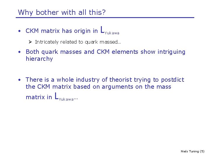 Why bother with all this? • CKM matrix has origin in L Yukawa Ø