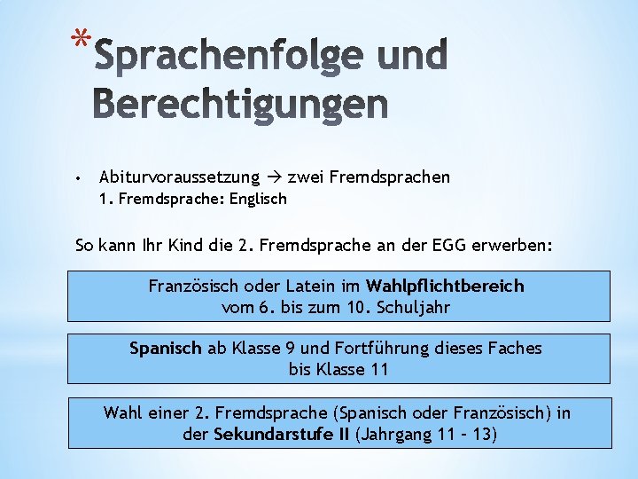 * • Abiturvoraussetzung zwei Fremdsprachen 1. Fremdsprache: Englisch So kann Ihr Kind die 2.