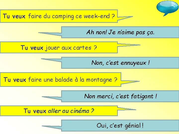 Tu veux faire du camping ce week-end ? Ah non! Je n’aime pas ça.