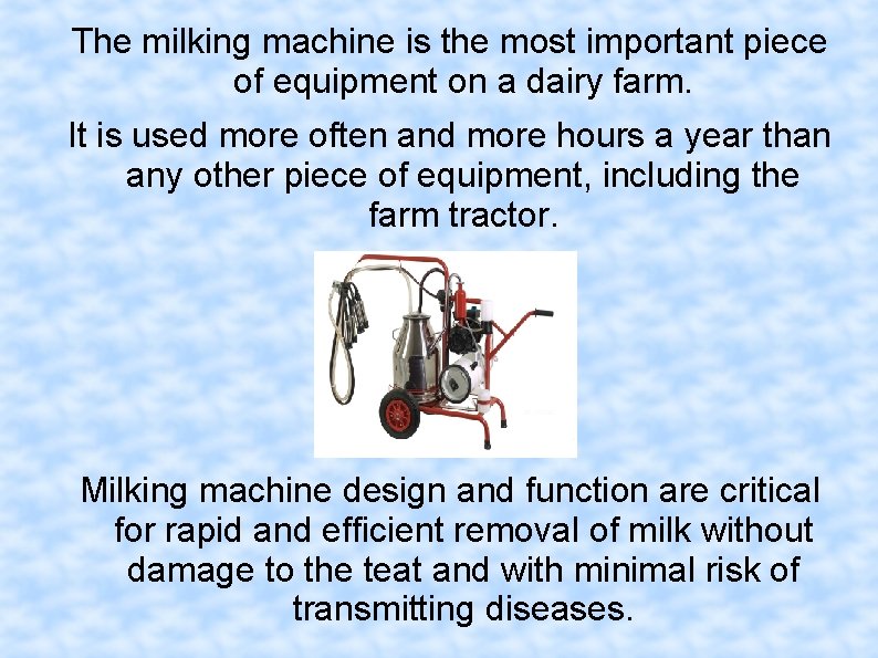 The milking machine is the most important piece of equipment on a dairy farm.