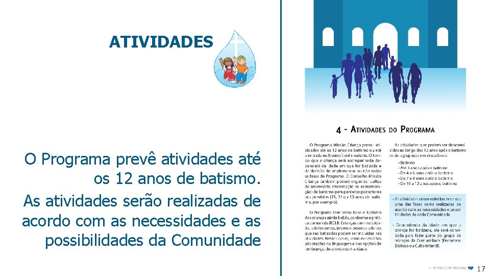 ATIVIDADES O Programa prevê atividades até os 12 anos de batismo. As atividades serão