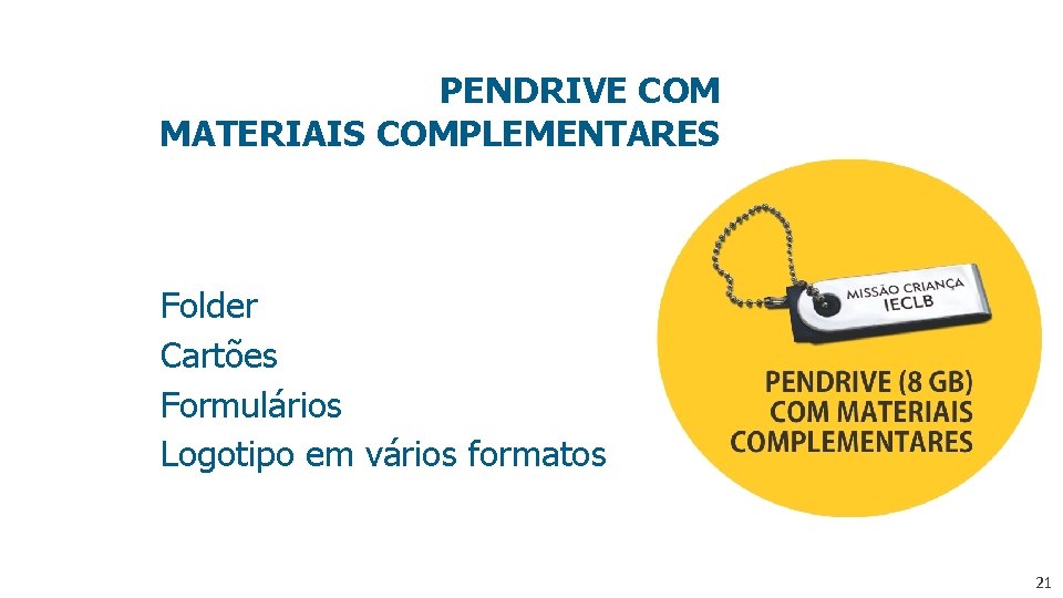 PENDRIVE COM MATERIAIS COMPLEMENTARES Folder Cartões Formulários Logotipo em vários formatos 21 