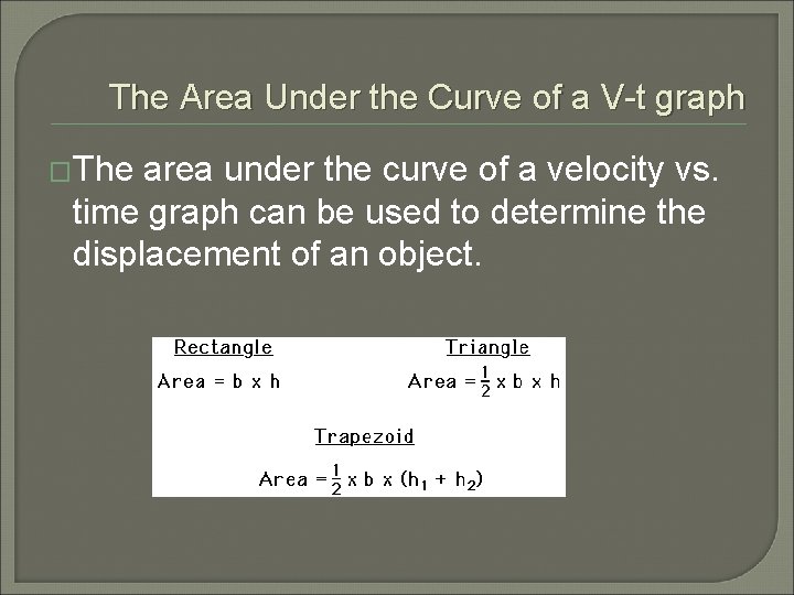 The Area Under the Curve of a V-t graph �The area under the curve