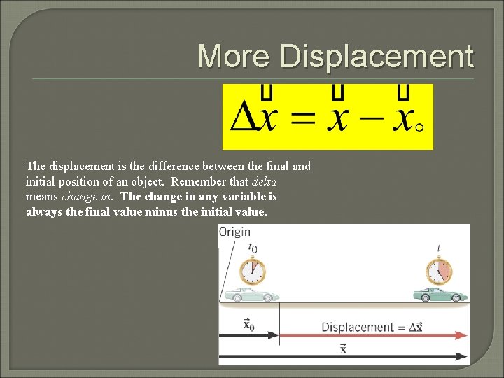 More Displacement The displacement is the difference between the final and initial position of