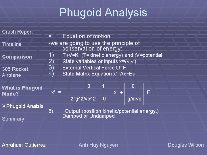 Phugoid Analysis Crash Report Timeline Comparison 305 Rocket Airplane What is Phugoid Mode? ØPhugoid Phugoid Analysis Crash Report Timeline Comparison 305 Rocket Airplane What is Phugoid Mode? ØPhugoid
