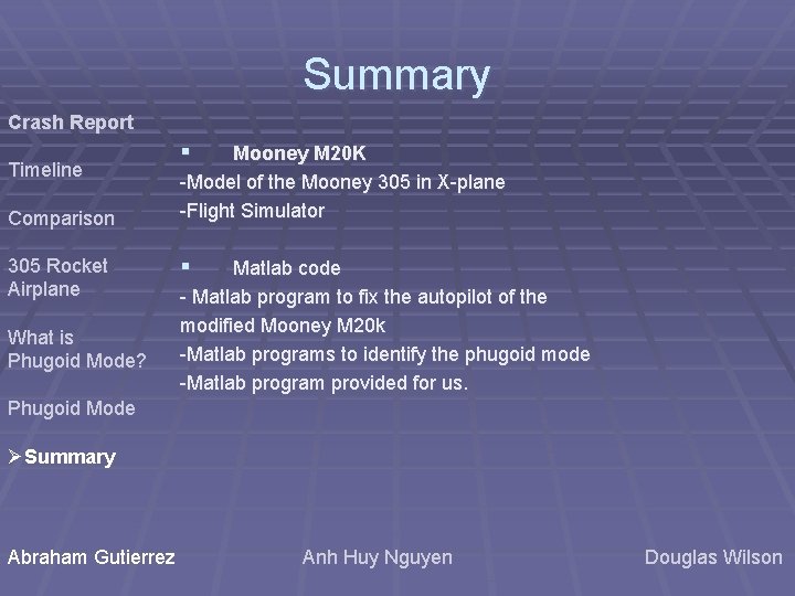 Summary Crash Report Timeline Comparison 305 Rocket Airplane What is Phugoid Mode? § Mooney Summary Crash Report Timeline Comparison 305 Rocket Airplane What is Phugoid Mode? § Mooney