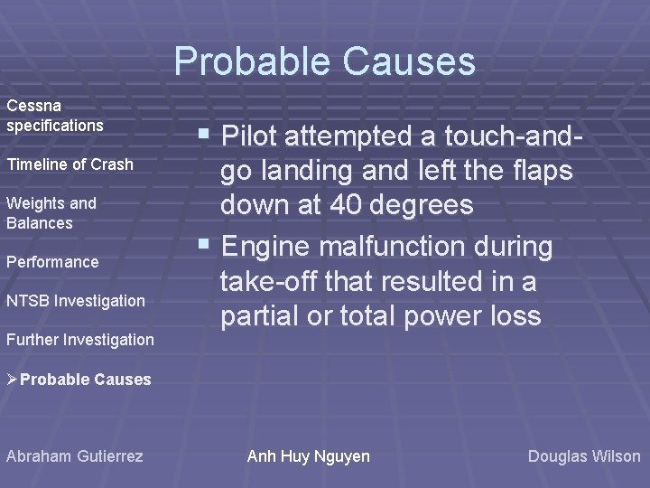Probable Causes Cessna specifications Timeline of Crash Weights and Balances Performance NTSB Investigation Further Probable Causes Cessna specifications Timeline of Crash Weights and Balances Performance NTSB Investigation Further