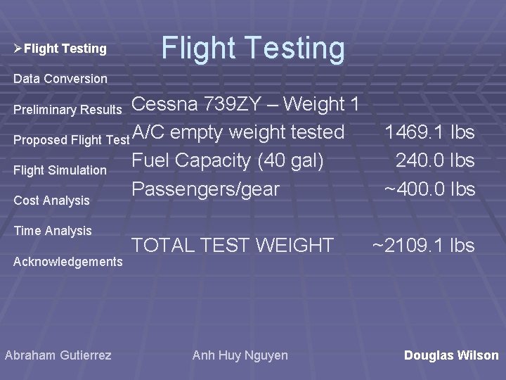 ØFlight Testing Data Conversion Cessna 739 ZY – Weight 1 Proposed Flight Test A/C ØFlight Testing Data Conversion Cessna 739 ZY – Weight 1 Proposed Flight Test A/C