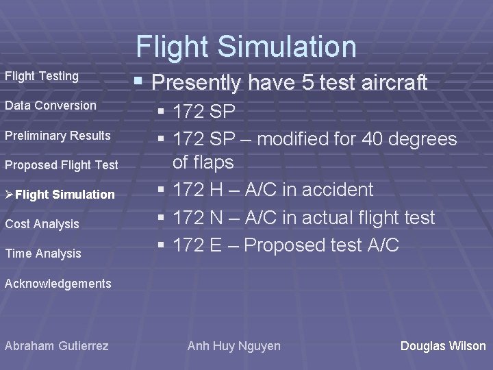 Flight Simulation Flight Testing Data Conversion Preliminary Results Proposed Flight Test ØFlight Simulation Cost Flight Simulation Flight Testing Data Conversion Preliminary Results Proposed Flight Test ØFlight Simulation Cost