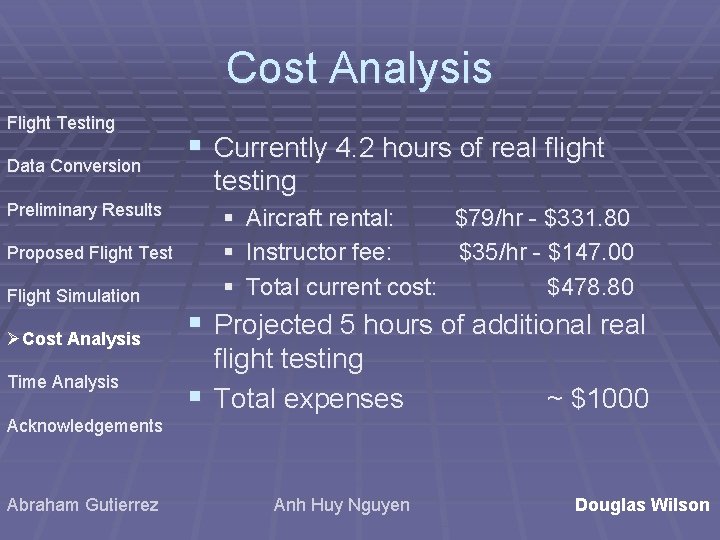Cost Analysis Flight Testing Data Conversion Preliminary Results Proposed Flight Test Flight Simulation ØCost Cost Analysis Flight Testing Data Conversion Preliminary Results Proposed Flight Test Flight Simulation ØCost