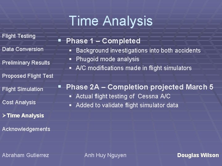 Time Analysis Flight Testing Data Conversion Preliminary Results § Phase 1 – Completed § Time Analysis Flight Testing Data Conversion Preliminary Results § Phase 1 – Completed §