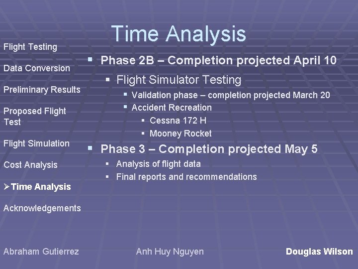 Flight Testing Data Conversion Preliminary Results Proposed Flight Test Flight Simulation Cost Analysis ØTime Flight Testing Data Conversion Preliminary Results Proposed Flight Test Flight Simulation Cost Analysis ØTime