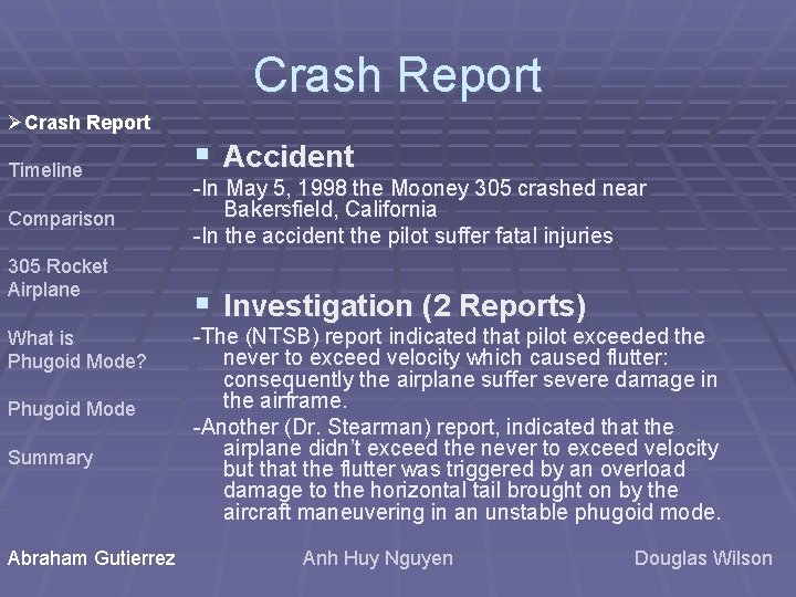 Crash Report ØCrash Report Timeline Comparison 305 Rocket Airplane What is Phugoid Mode? Phugoid Crash Report ØCrash Report Timeline Comparison 305 Rocket Airplane What is Phugoid Mode? Phugoid