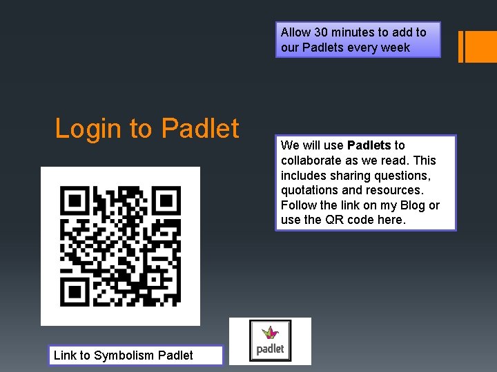 Allow 30 minutes to add to our Padlets every week Login to Padlet Link