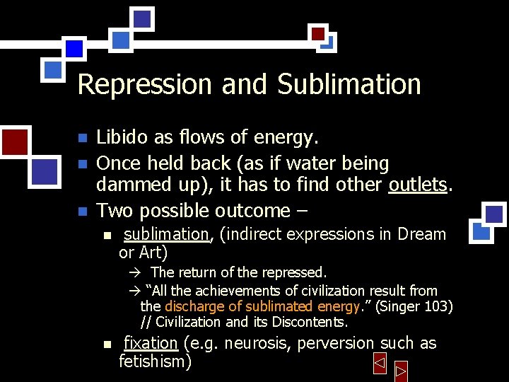 Repression and Sublimation n Libido as flows of energy. Once held back (as if